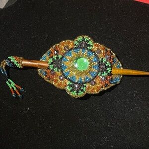 Beaded Leather Hair Accessory with Green, Black and Brown Accents